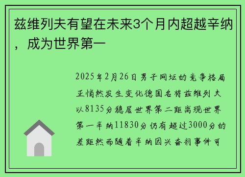 兹维列夫有望在未来3个月内超越辛纳，成为世界第一