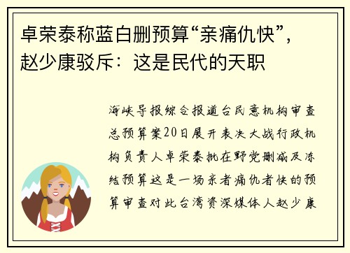 卓荣泰称蓝白删预算“亲痛仇快”，赵少康驳斥：这是民代的天职