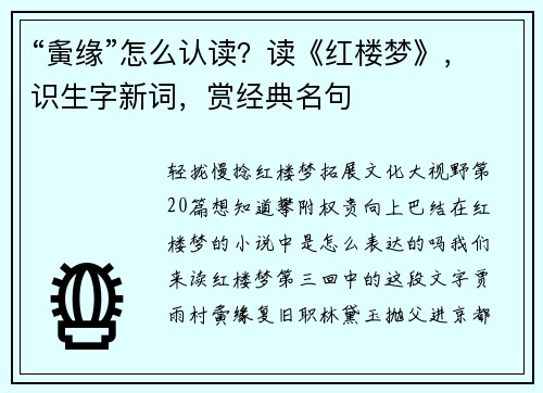 “夤缘”怎么认读？读《红楼梦》，识生字新词，赏经典名句
