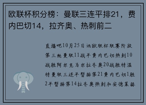 欧联杯积分榜：曼联三连平排21，费内巴切14，拉齐奥、热刺前二