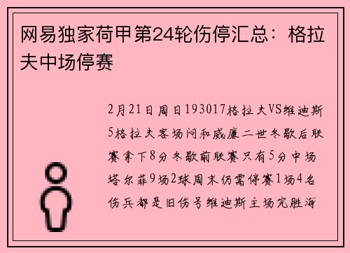 网易独家荷甲第24轮伤停汇总：格拉夫中场停赛